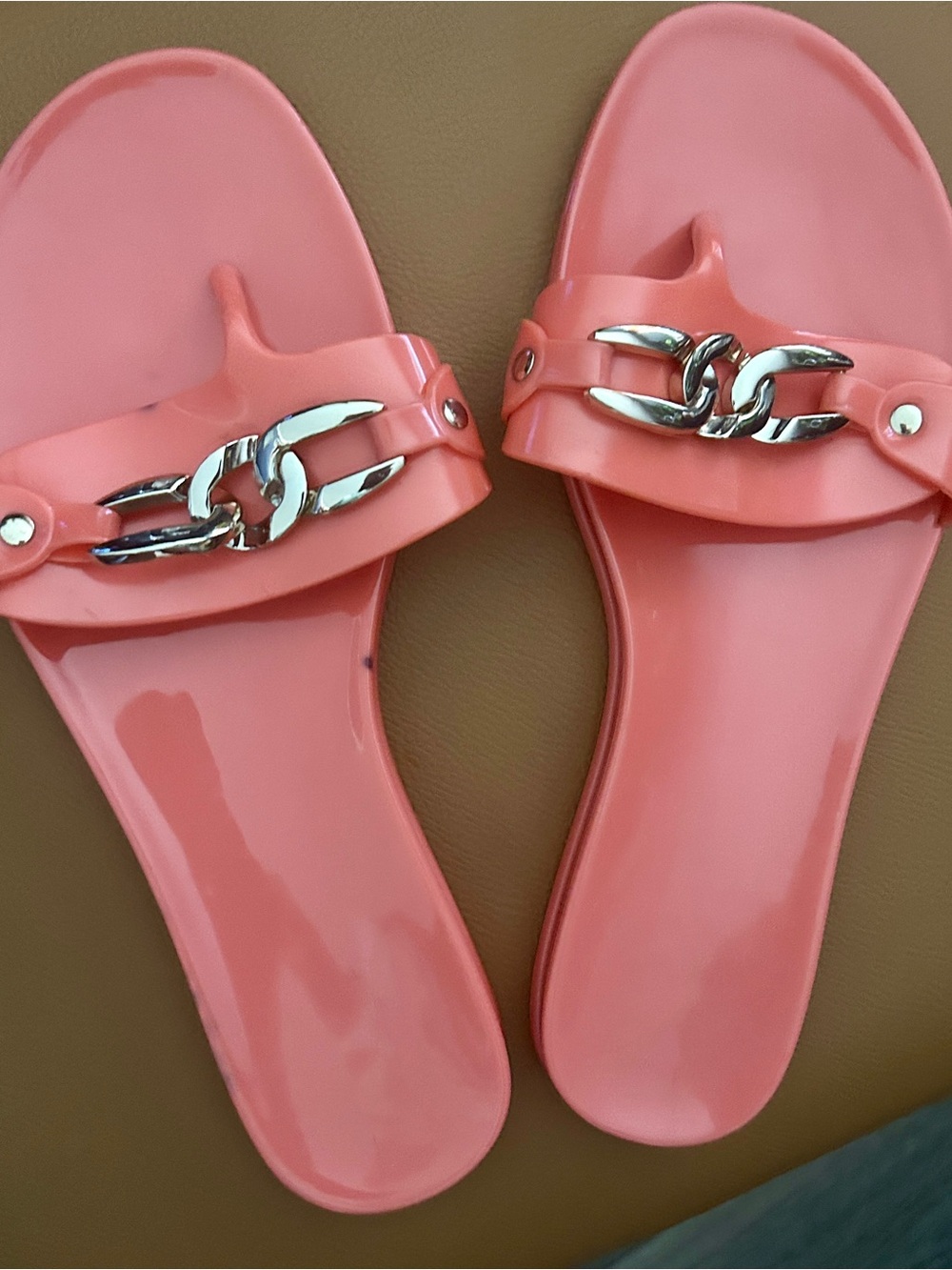 Vince Camuto Coral Pink Slide Sandals with Silver Chain Detail